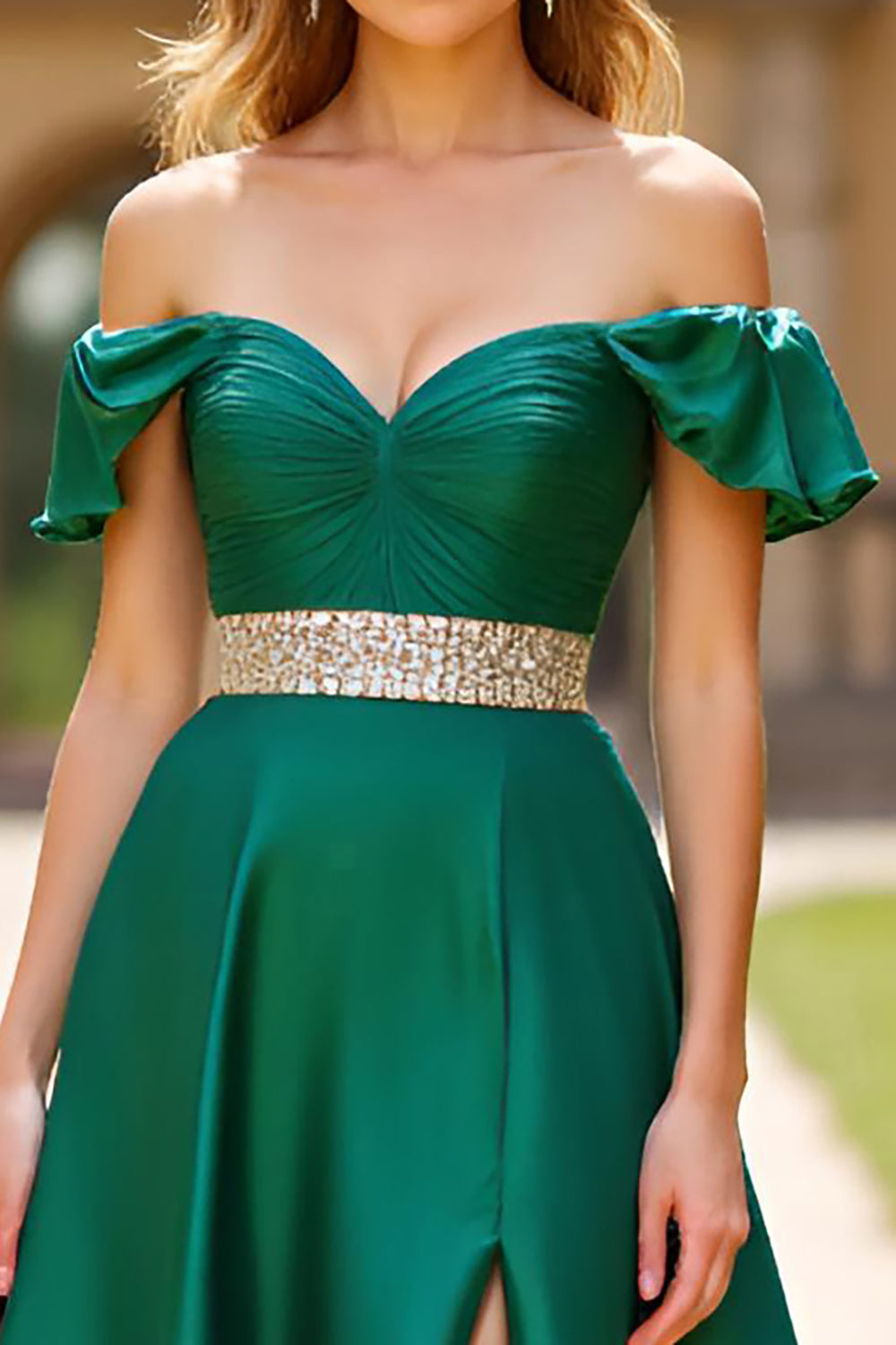 Ruched Dark Green Beaded Off The Shoulder Prom Dress with Slit - Fashionpara