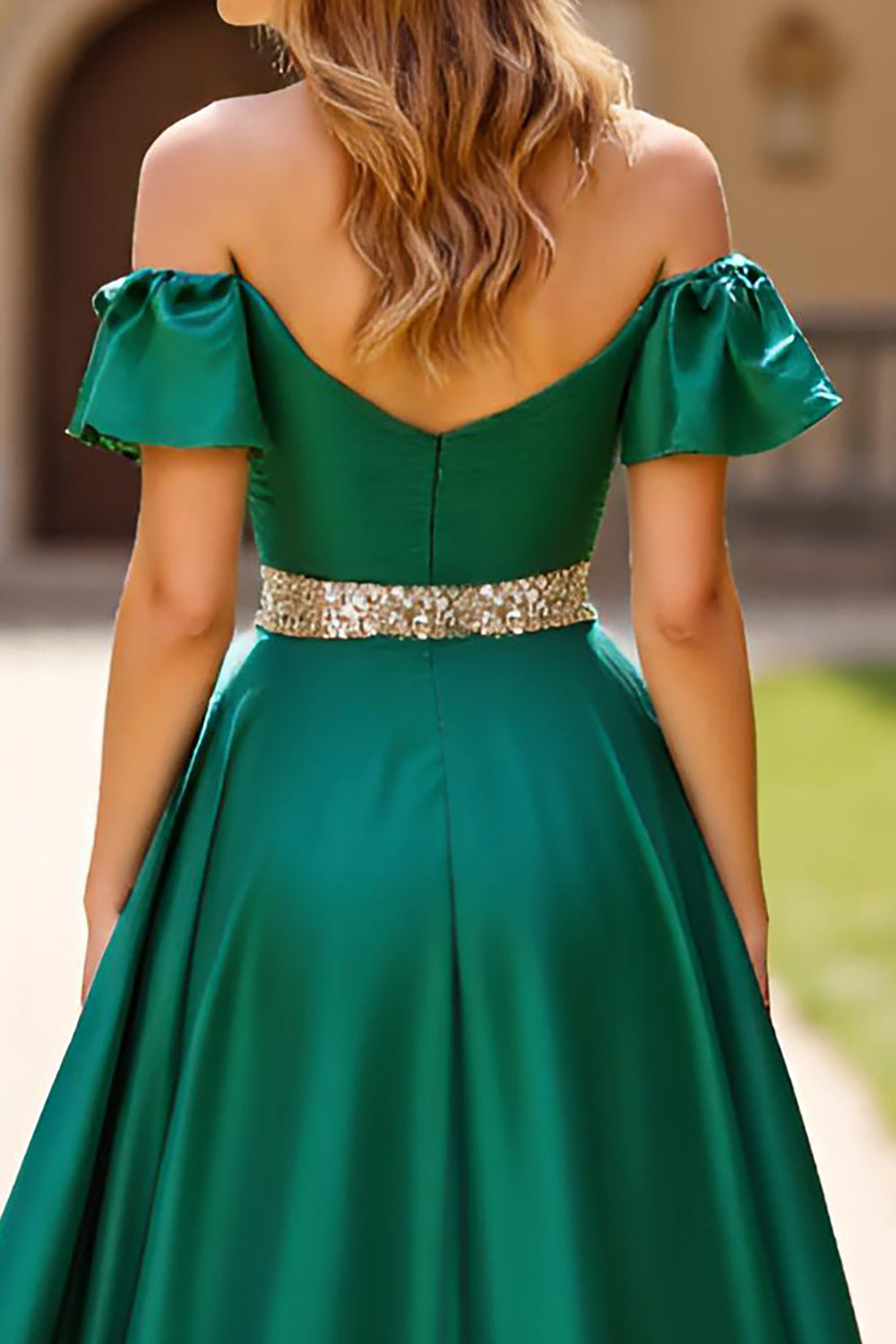 Ruched Dark Green Beaded Off The Shoulder Prom Dress with Slit - Fashionpara