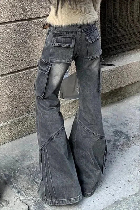 Black Pocket Design Low Waist Workwear Jeans