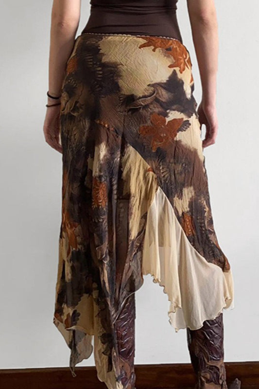 Floral Contrast Asymmetrical Mermaid Midi Skirt