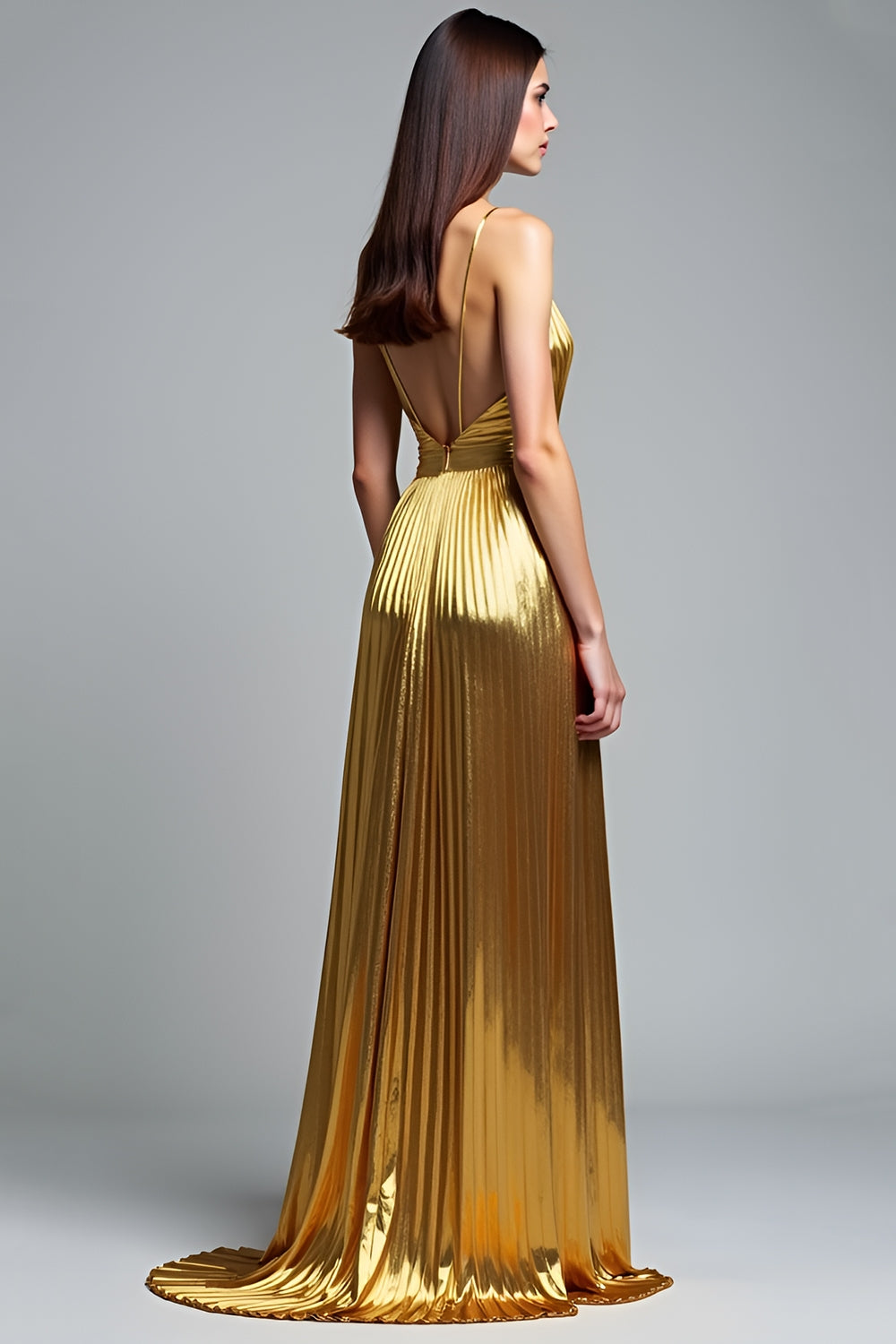 Golden A Line Deep V-Neck Backless Ruched Prom Dress - Fashionpara