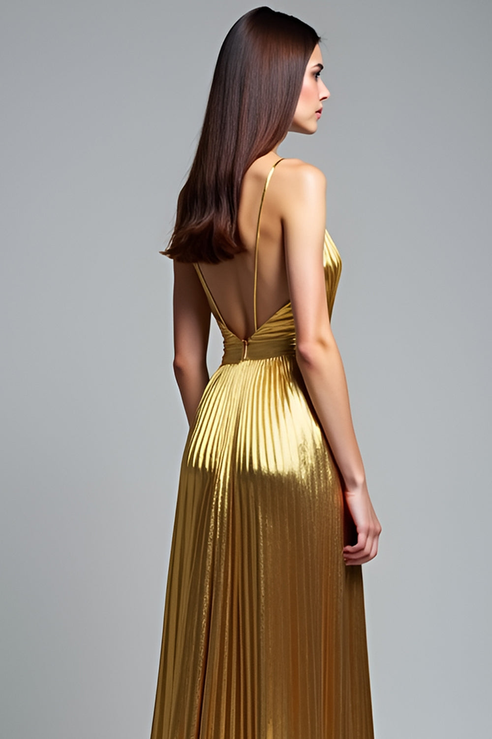 Golden A Line Deep V-Neck Backless Ruched Prom Dress - Fashionpara