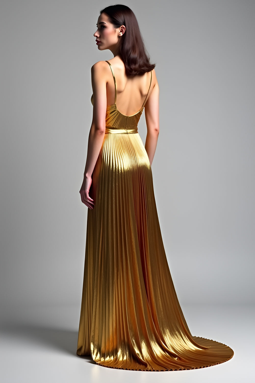 Golden A Line Spaghetti Straps Ruched Prom Dress - Fashionpara