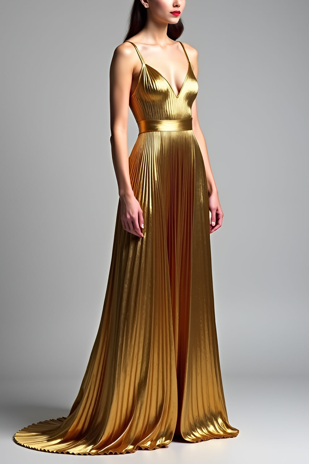 Golden A Line Spaghetti Straps Ruched Prom Dress - Fashionpara