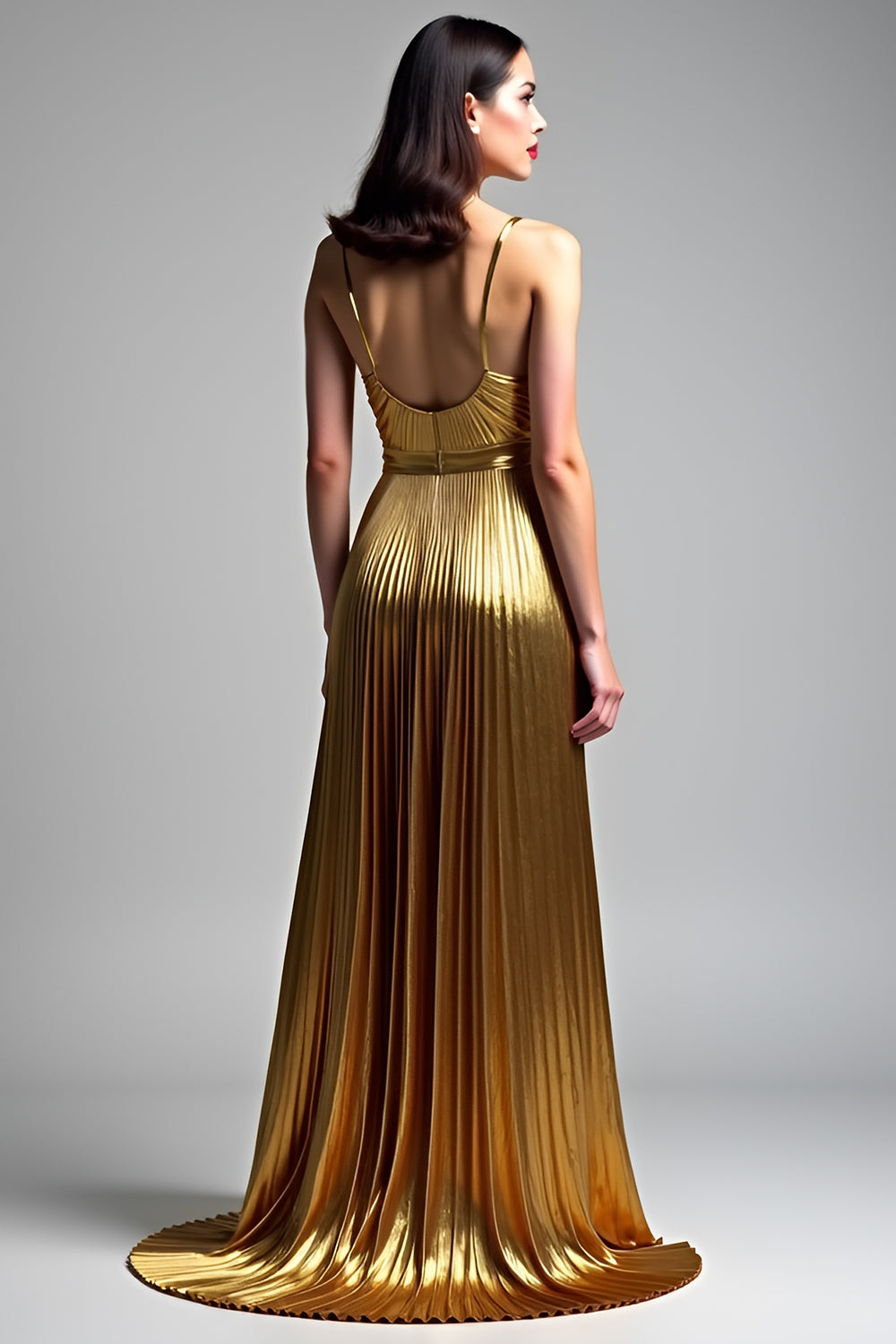 Golden A Line Spaghetti Straps Ruched Prom Dress - Fashionpara