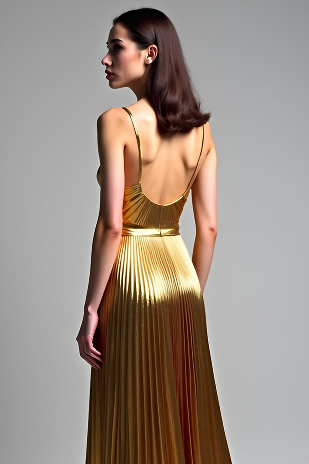 Golden A Line Spaghetti Straps Ruched Prom Dress - Fashionpara