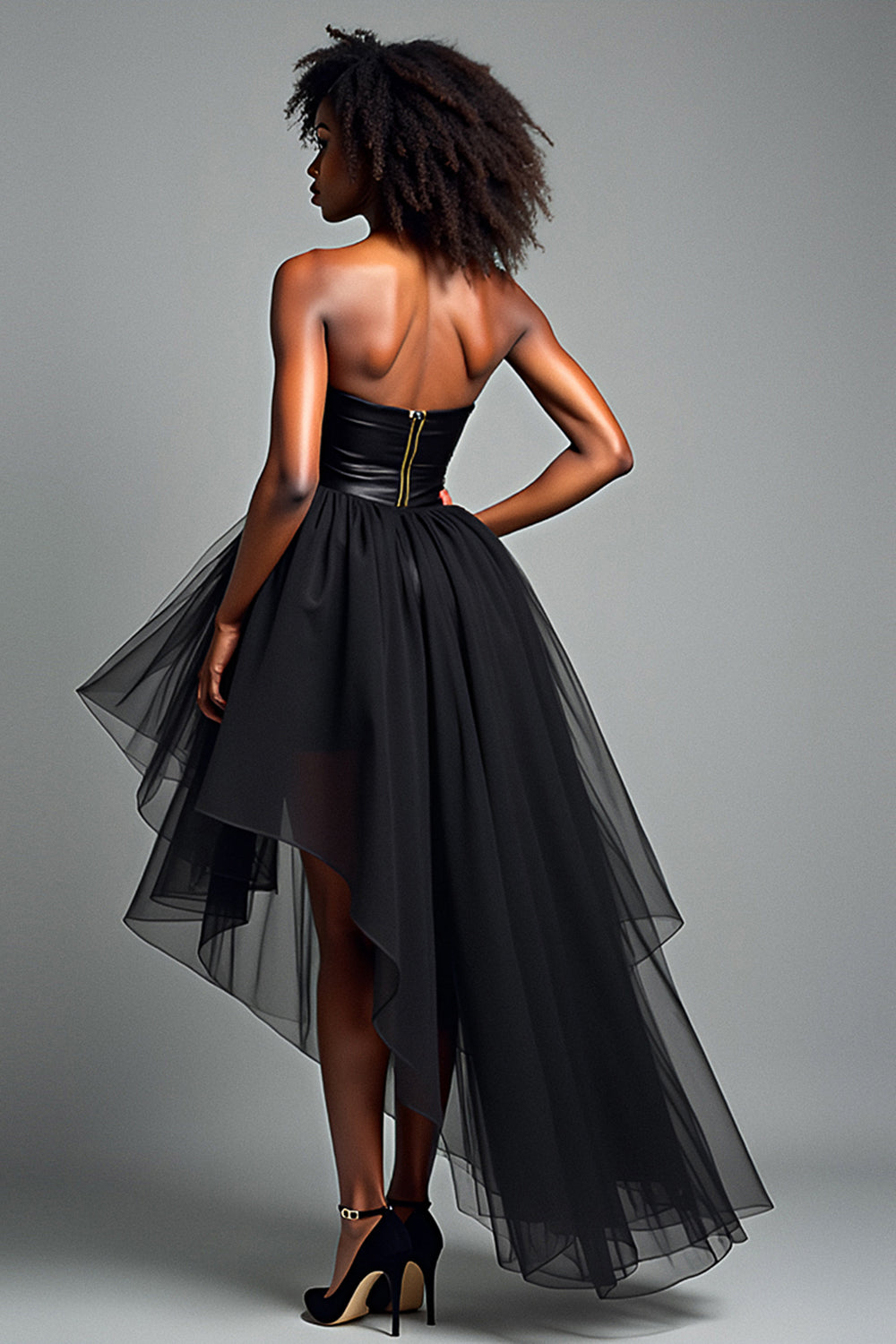 Corset Tiered Black Strapless Tulle High Low Prom Dress - Fashionpara