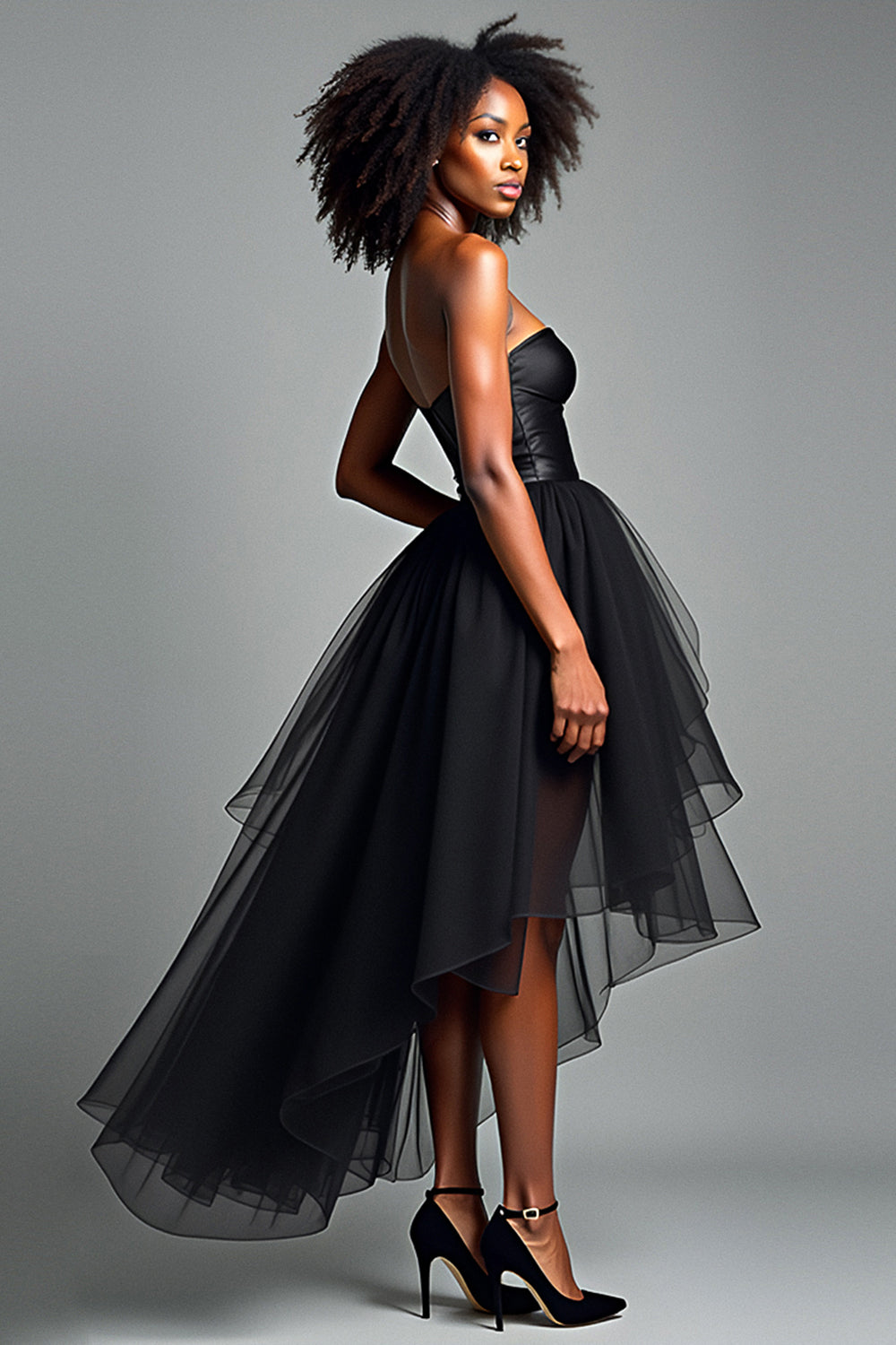 Corset Tiered Black Strapless Tulle High Low Prom Dress - Fashionpara