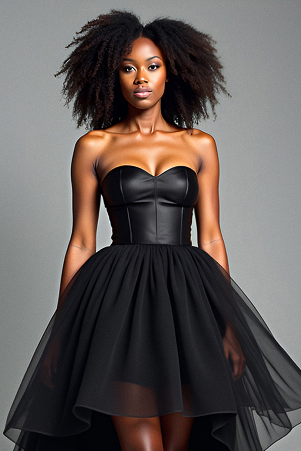 Corset Tiered Black Strapless Tulle High Low Prom Dress - Fashionpara