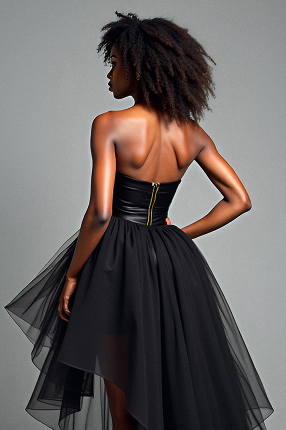 Corset Tiered Black Strapless Tulle High Low Prom Dress - Fashionpara
