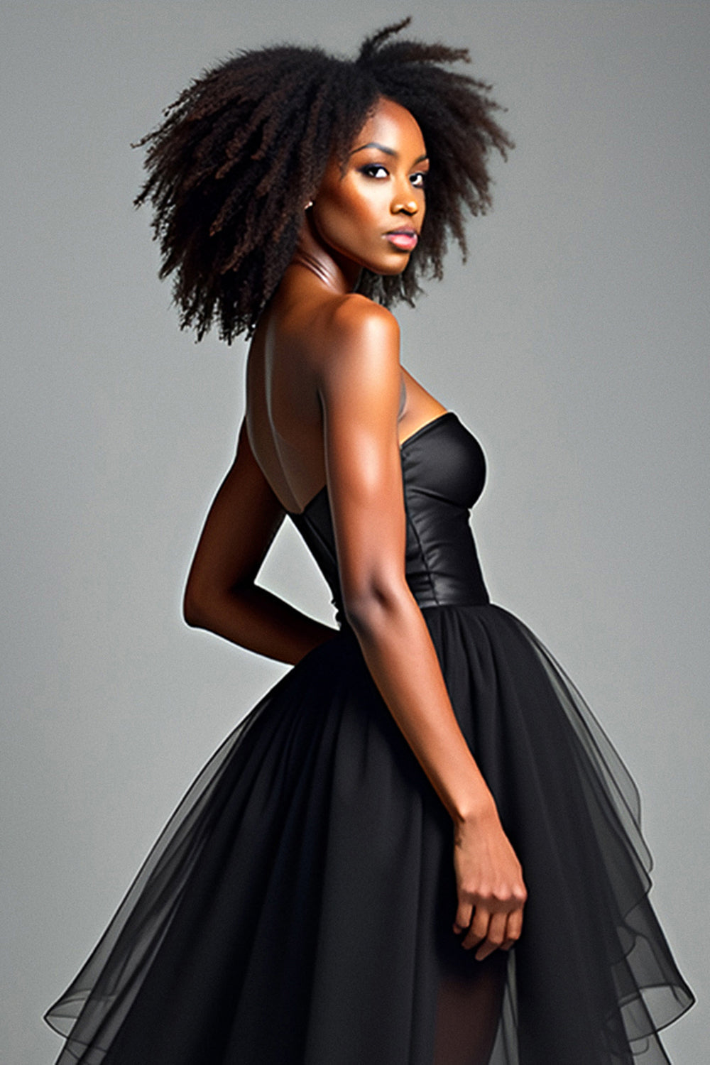 Corset Tiered Black Strapless Tulle High Low Prom Dress - Fashionpara