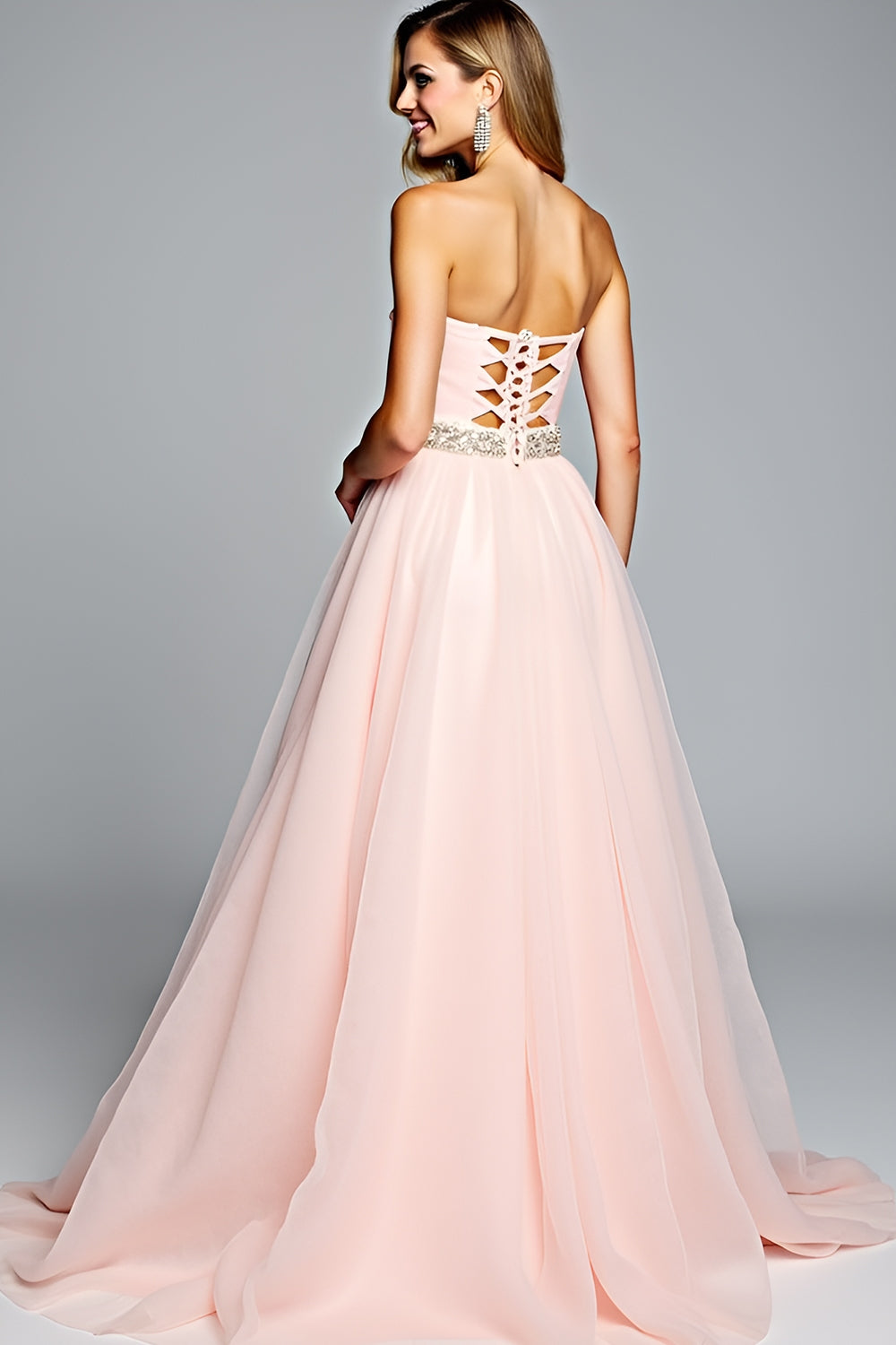 Light Pink Strapless A Line Tulle Prom Dress with Beading - Fashionpara