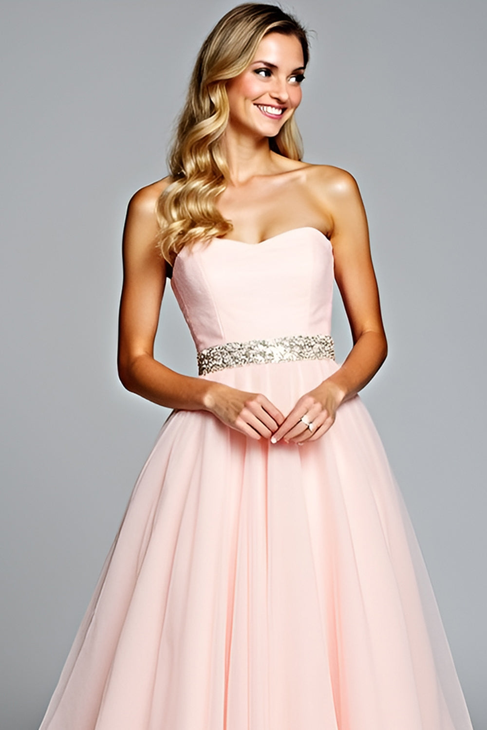 Light Pink Strapless A Line Tulle Prom Dress with Beading - Fashionpara