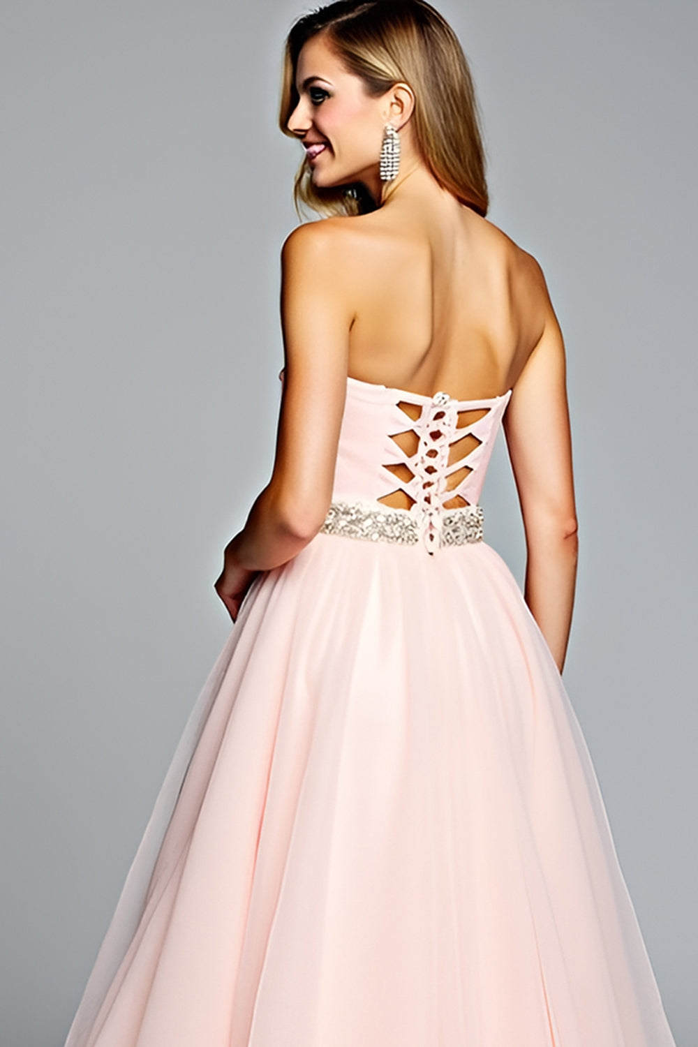 Light Pink Strapless A Line Tulle Prom Dress with Beading - Fashionpara