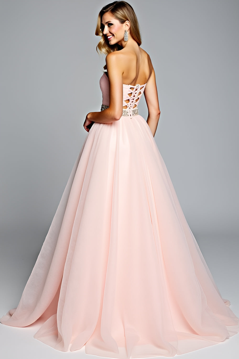 Light Pink Strapless A Line Tulle Prom Dress with Beading - Fashionpara