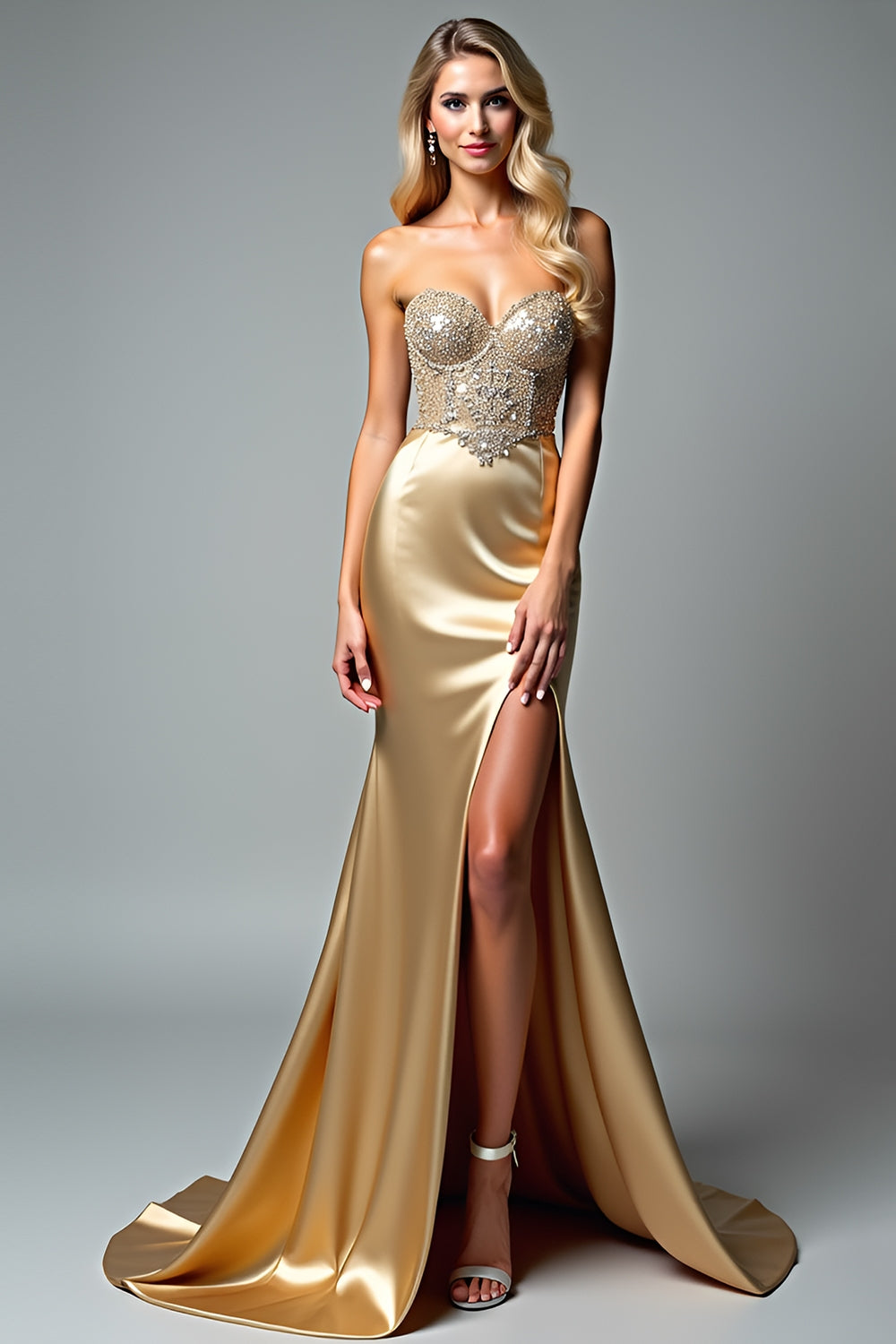 Golden Strapless Beaded Mermaid Prom Dress with Slit - Fashionpara