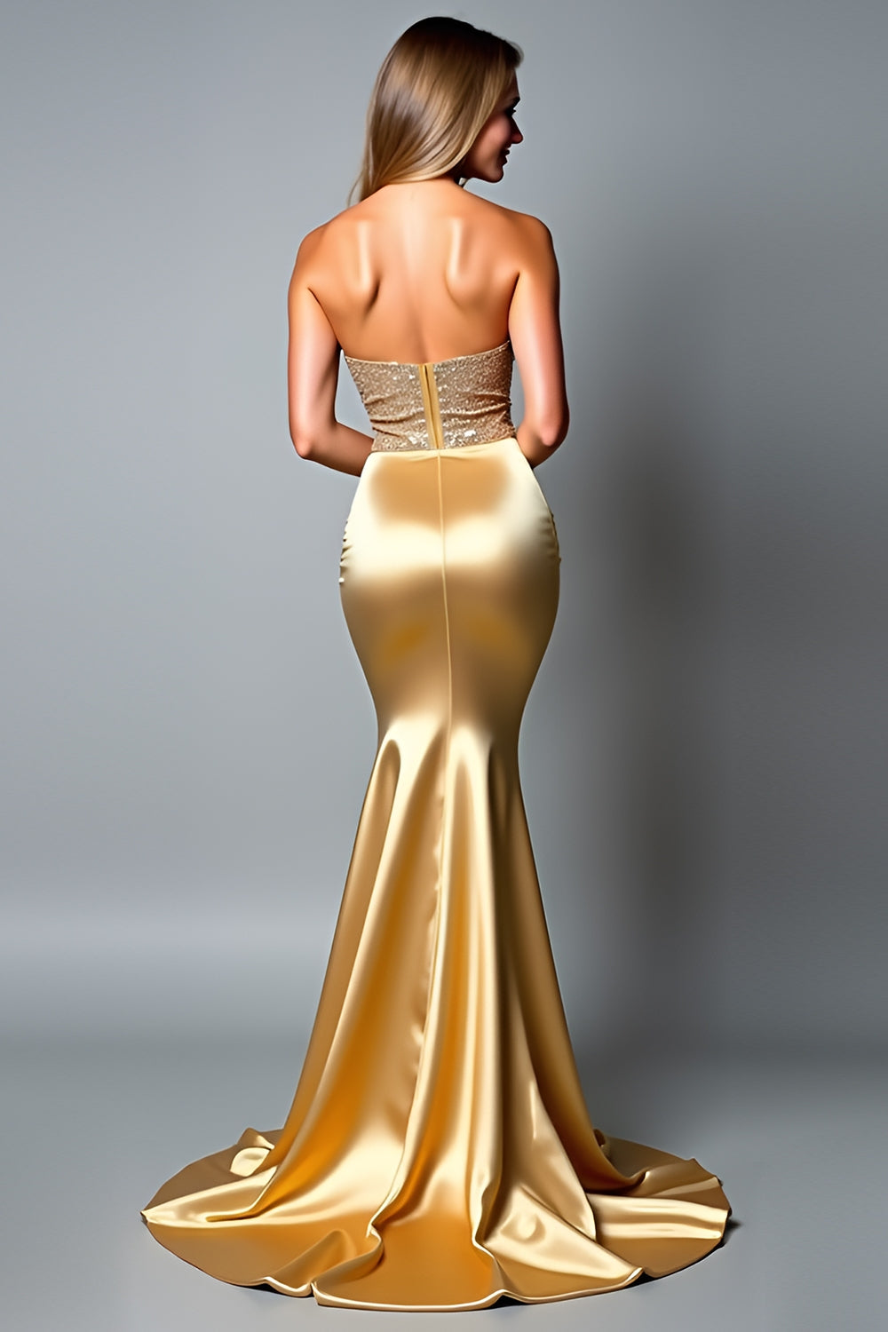 Sparkly Strapless Beaded Golden Sheath Prom Dress - Fashionpara