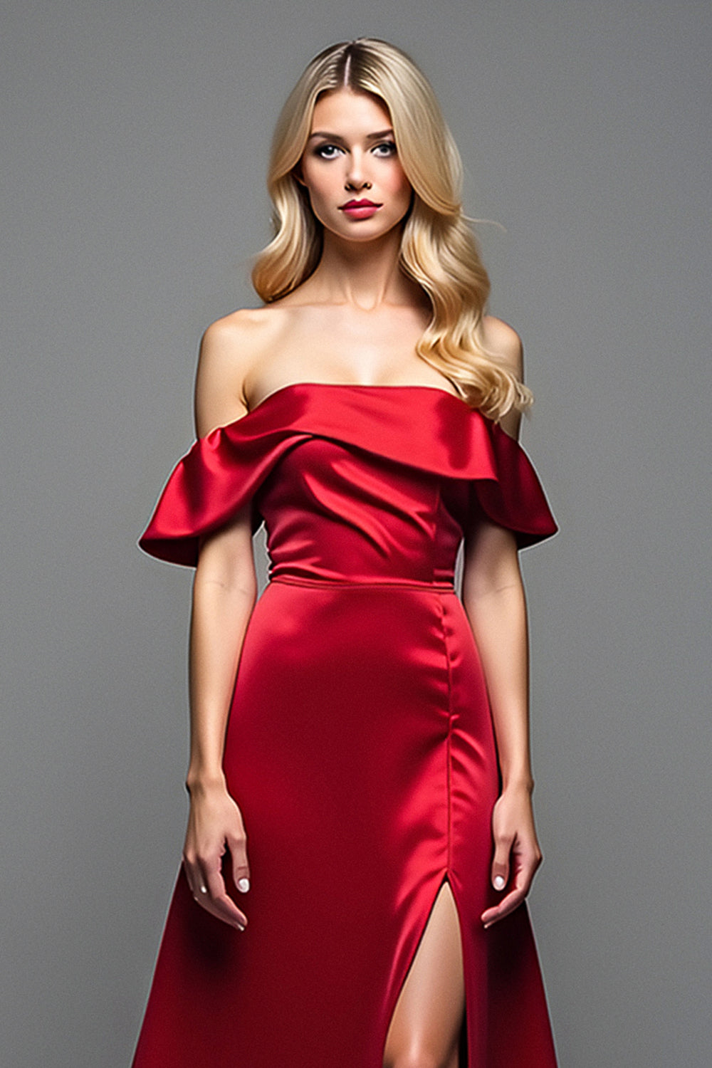 Off the Shoulder Burgundy Satin A Line Prom Dress with Slit - Fashionpara