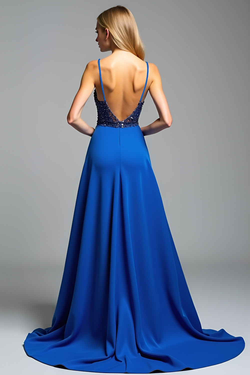 Spaghetti Straps Royal Blue A Line Beads Prom Dress with Slit - Fashionpara