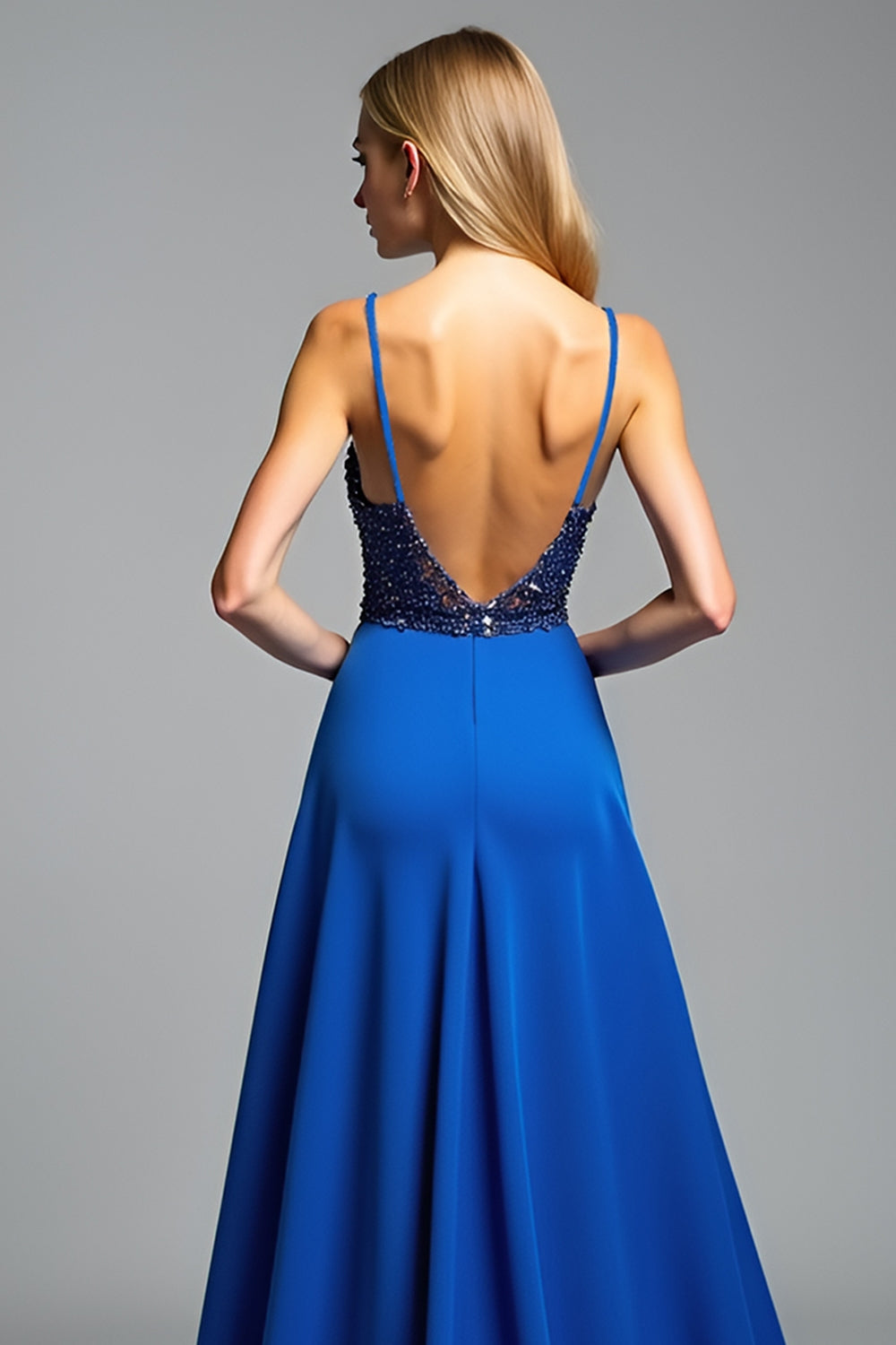 Spaghetti Straps Royal Blue A Line Beads Prom Dress with Slit - Fashionpara