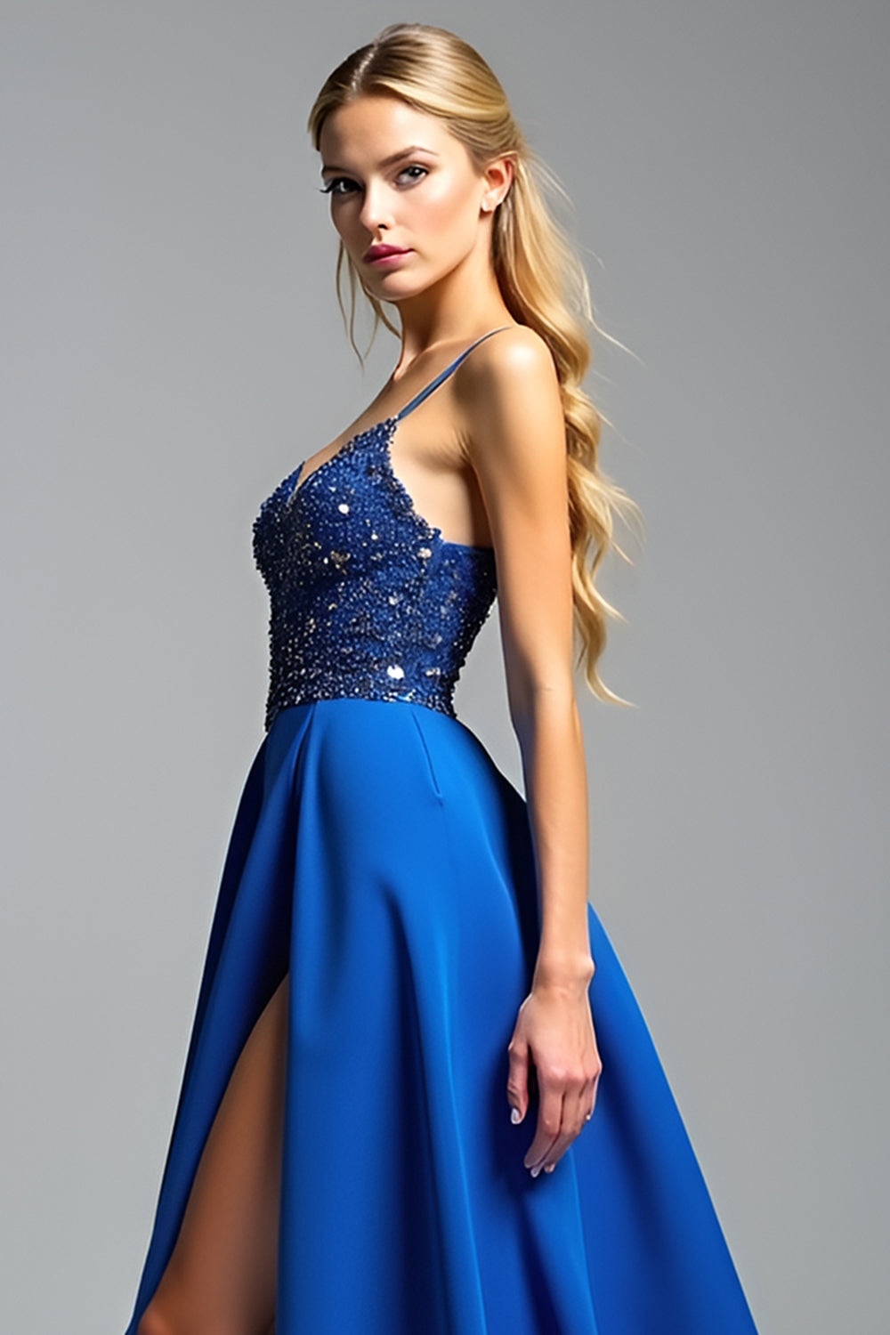 Spaghetti Straps Royal Blue A Line Beads Prom Dress with Slit - Fashionpara