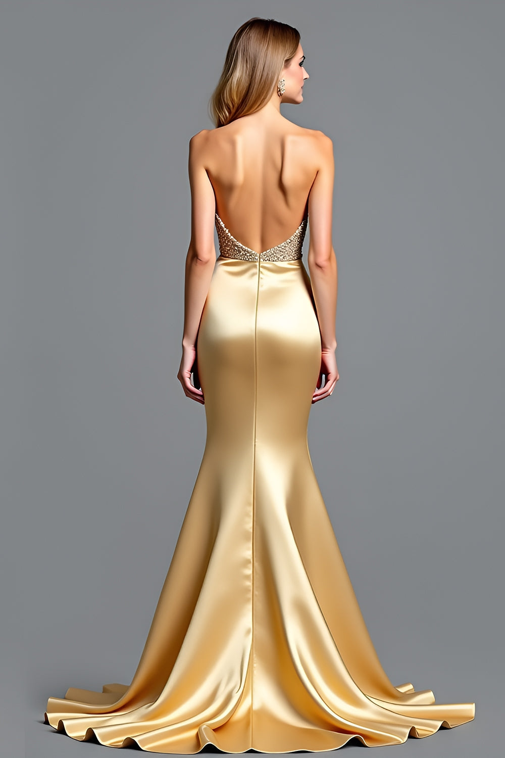 Golden Strapless Beads Sheath Prom Dress with Slit - Fashionpara