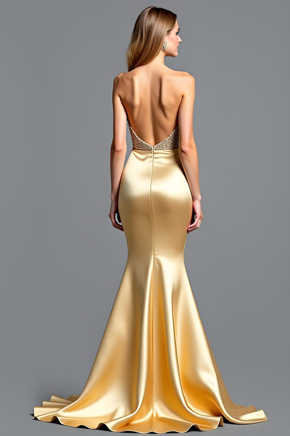 Golden Strapless Beads Sheath Prom Dress with Slit - Fashionpara