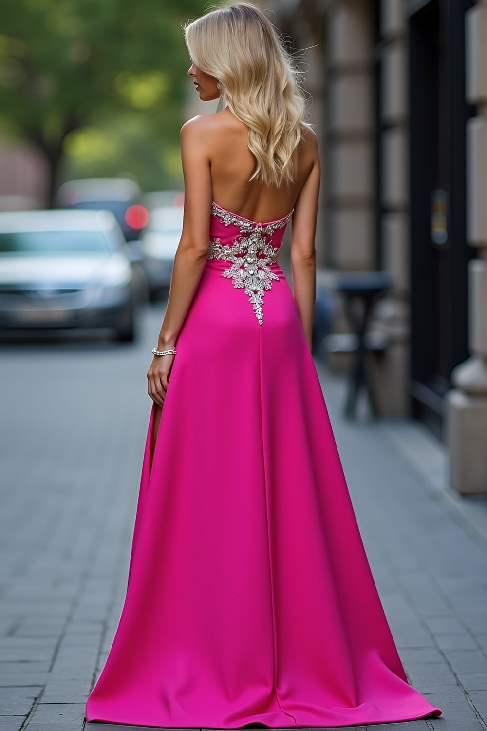 Appliques Fuchsia Strapless Sheath Prom Dress with Slit - Fashionpara