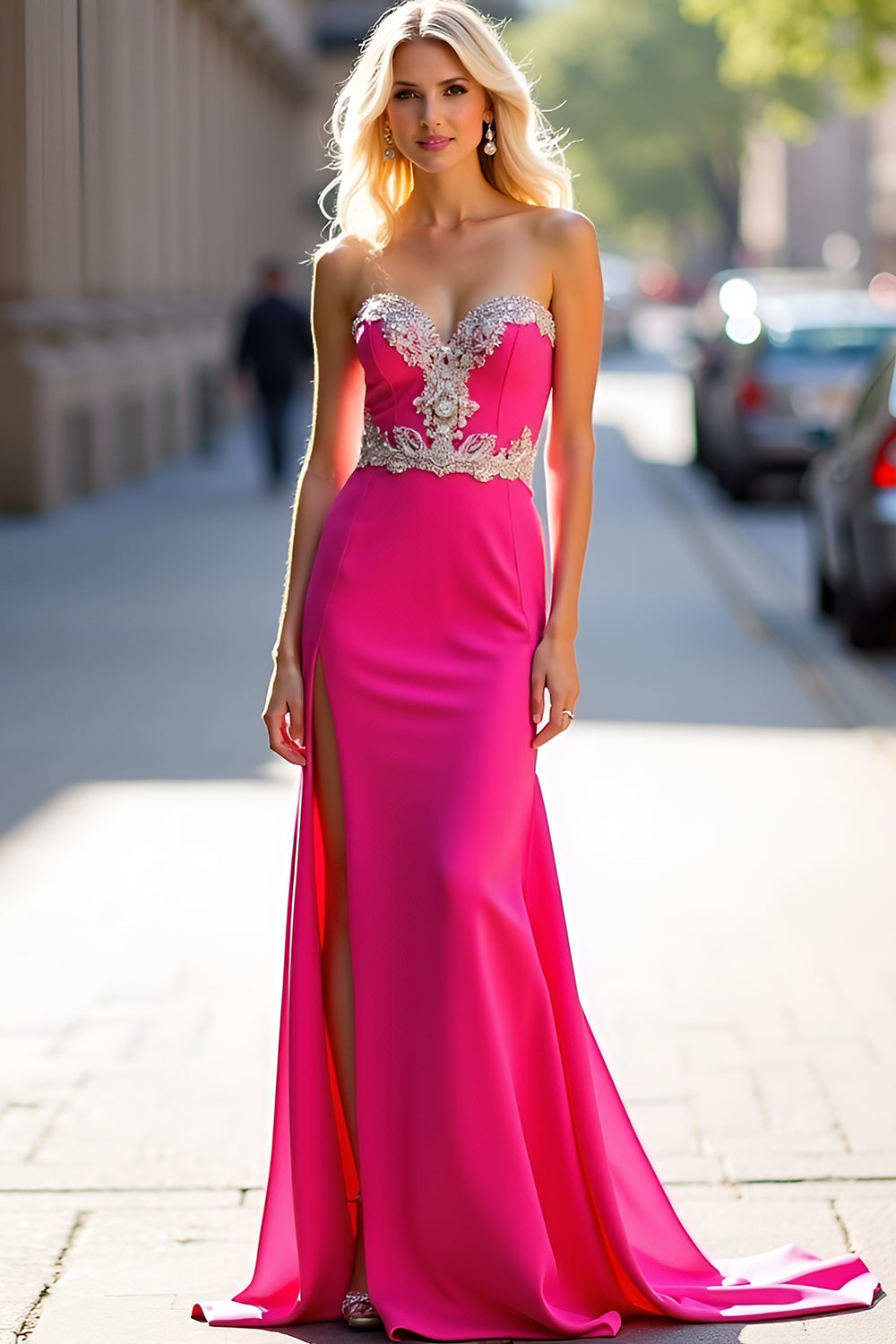 Appliques Fuchsia Strapless Sheath Prom Dress with Slit - Fashionpara