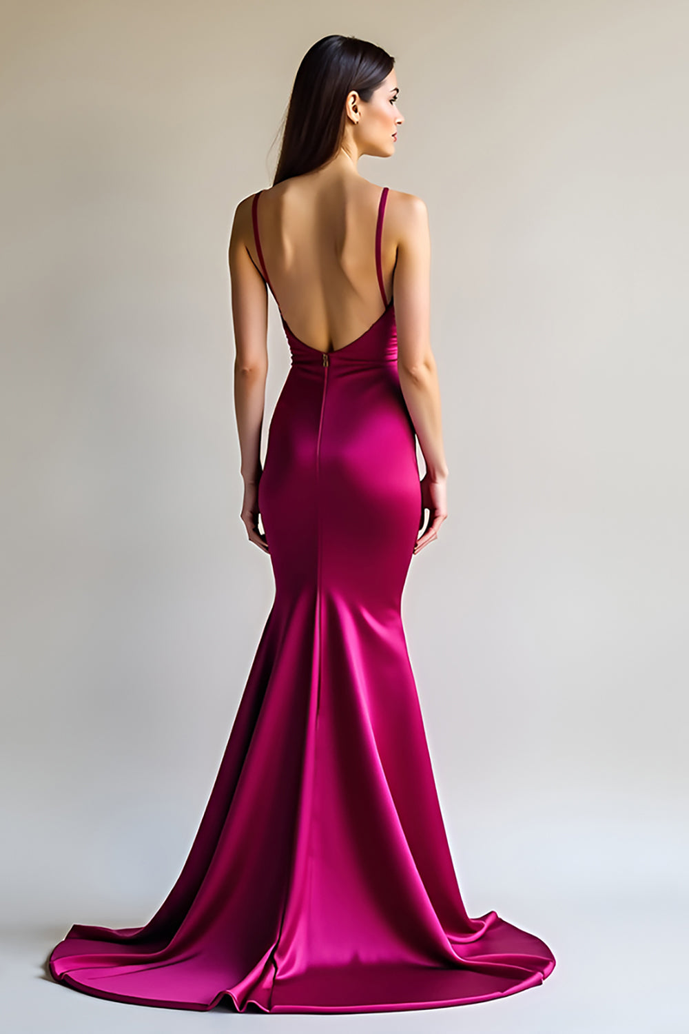 Fuchsia Mermaid Spaghetti Straps Long Satin Prom Dress - Fashionpara