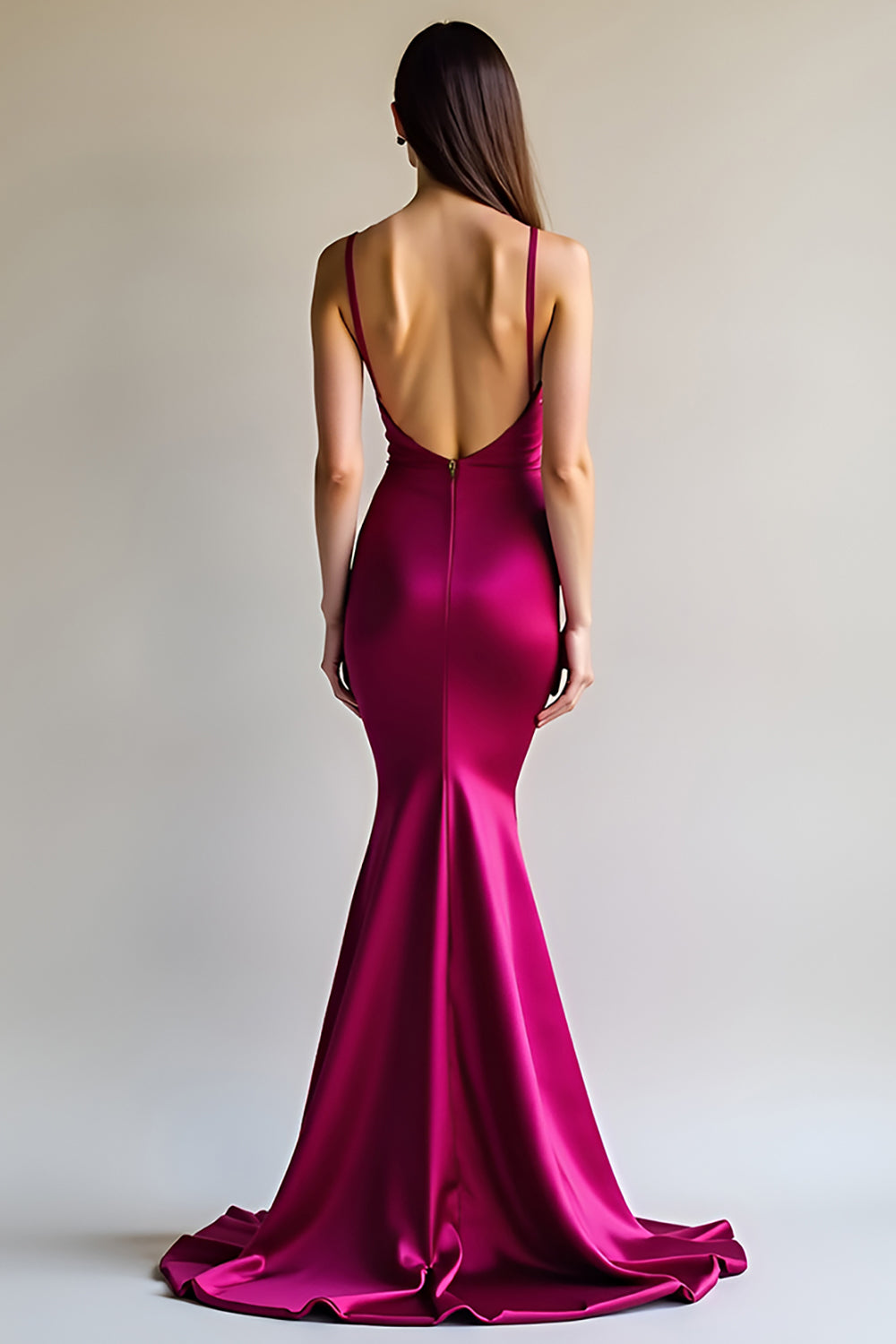 Fuchsia Mermaid Spaghetti Straps Long Satin Prom Dress - Fashionpara