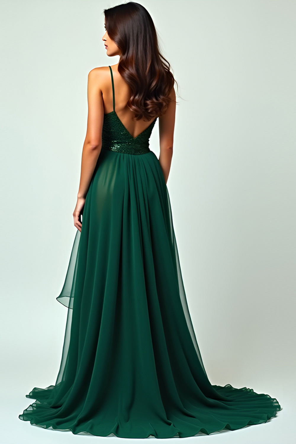 Dark Green Long Ruffled Spaghetti Straps Prom Dress with Slit - Fashionpara