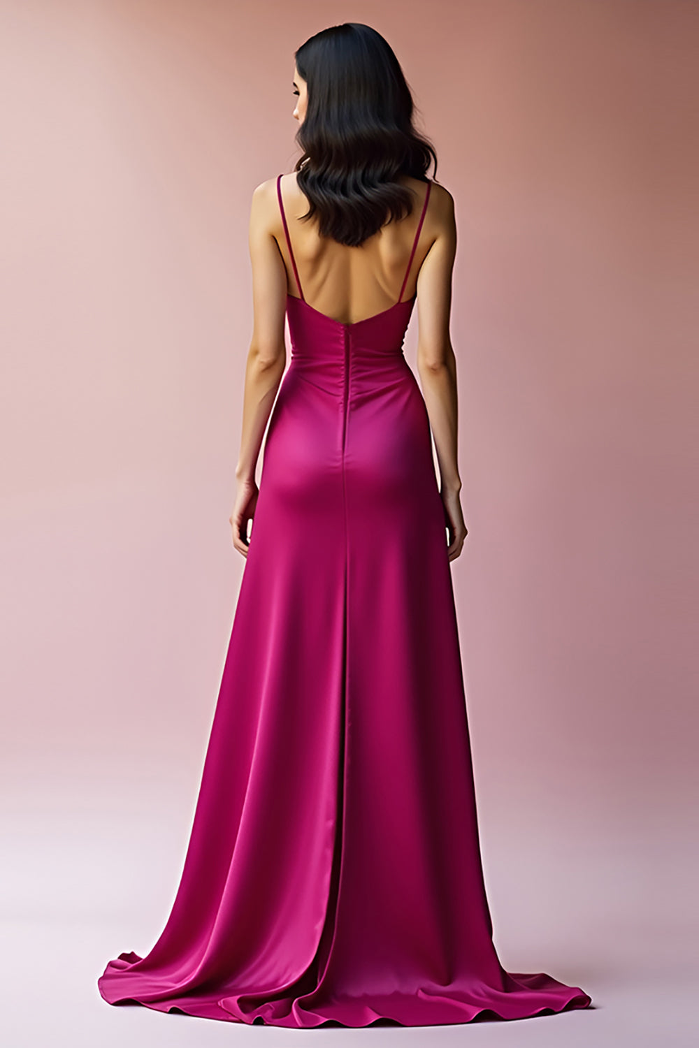 Fuchsia Backless Spaghetti Straps A Line Long Prom Dress with Slit - Fashionpara