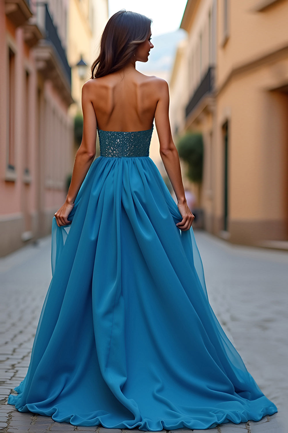 Blue Beaded A Line Strapless Prom Dress with Slit - Fashionpara