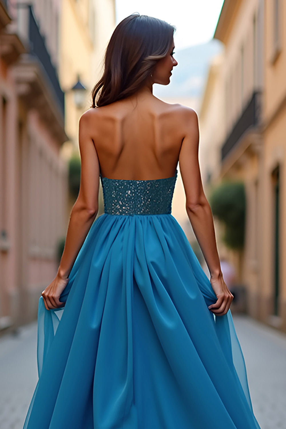Blue Beaded A Line Strapless Prom Dress with Slit - Fashionpara