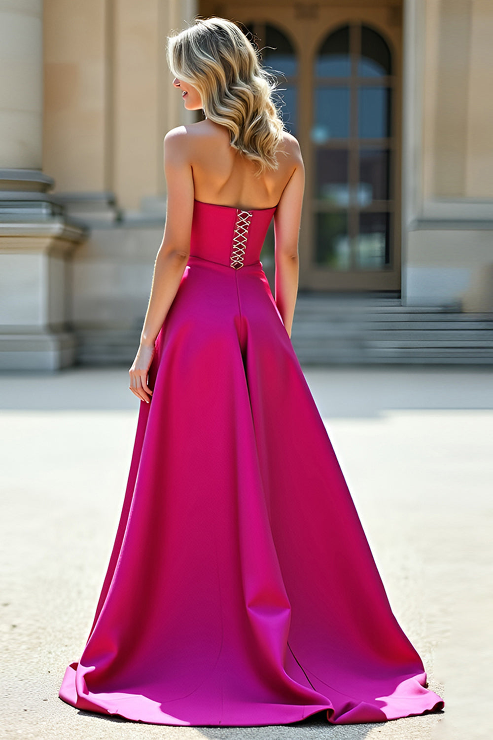 Fuchsia A Line Strapless Prom Dress with Slit - Fashionpara