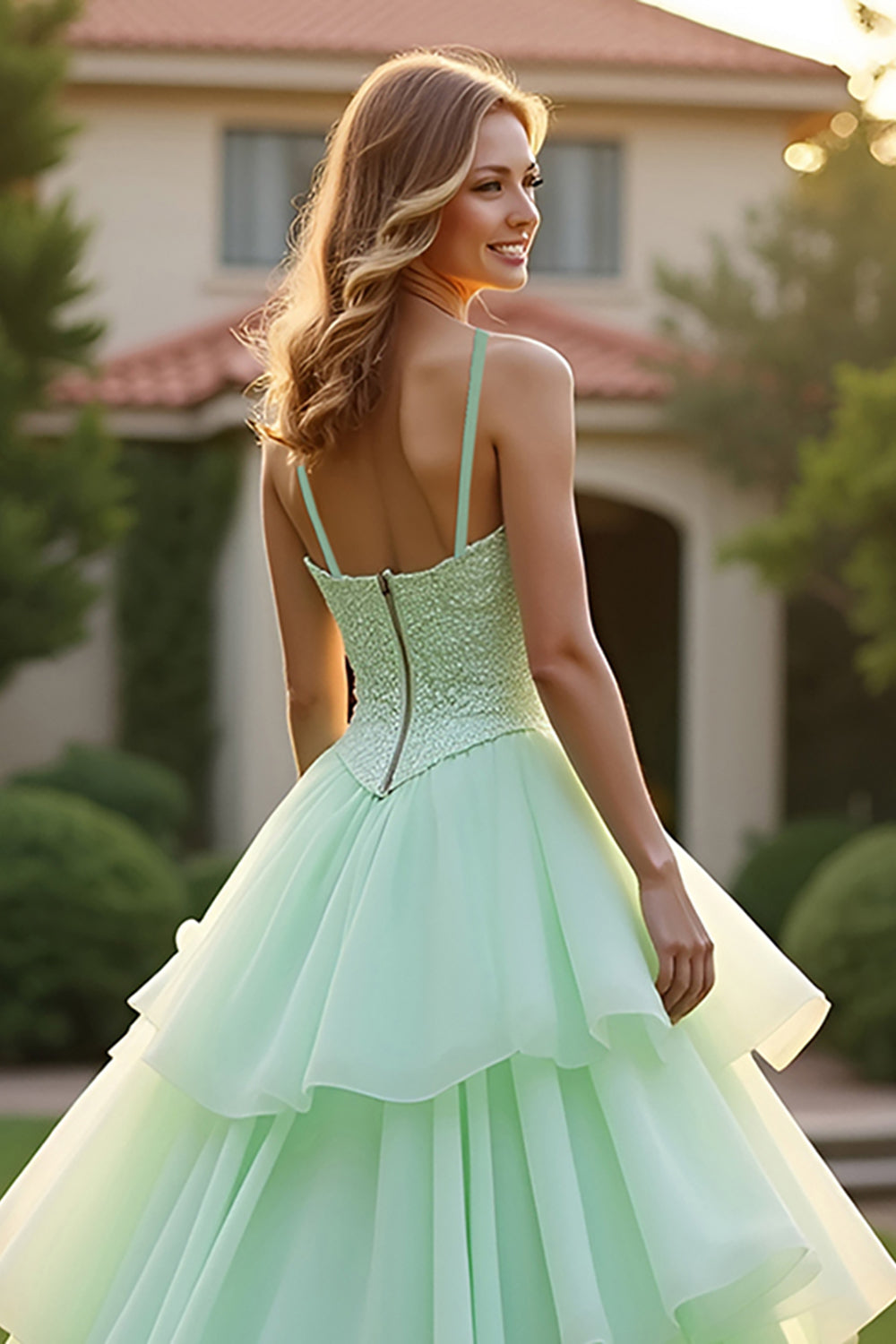 Green Princess Tiered Beaded Long Prom Dress - Fashionpara