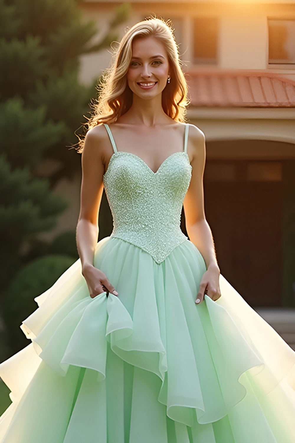 Green Princess Tiered Beaded Long Prom Dress - Fashionpara
