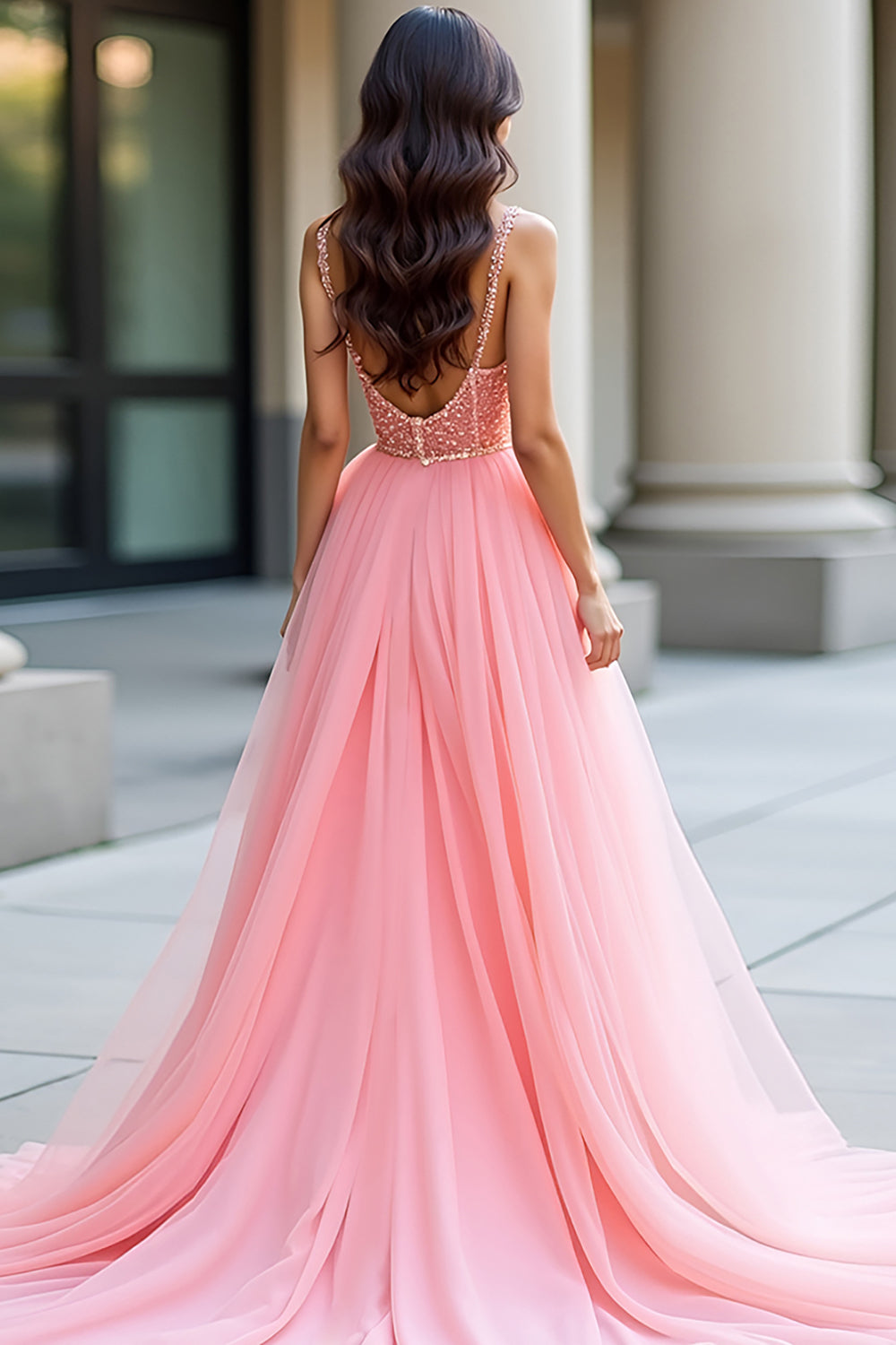 Pink A Line Spaghetti Straps Corset Sequin Prom Dress - Fashionpara