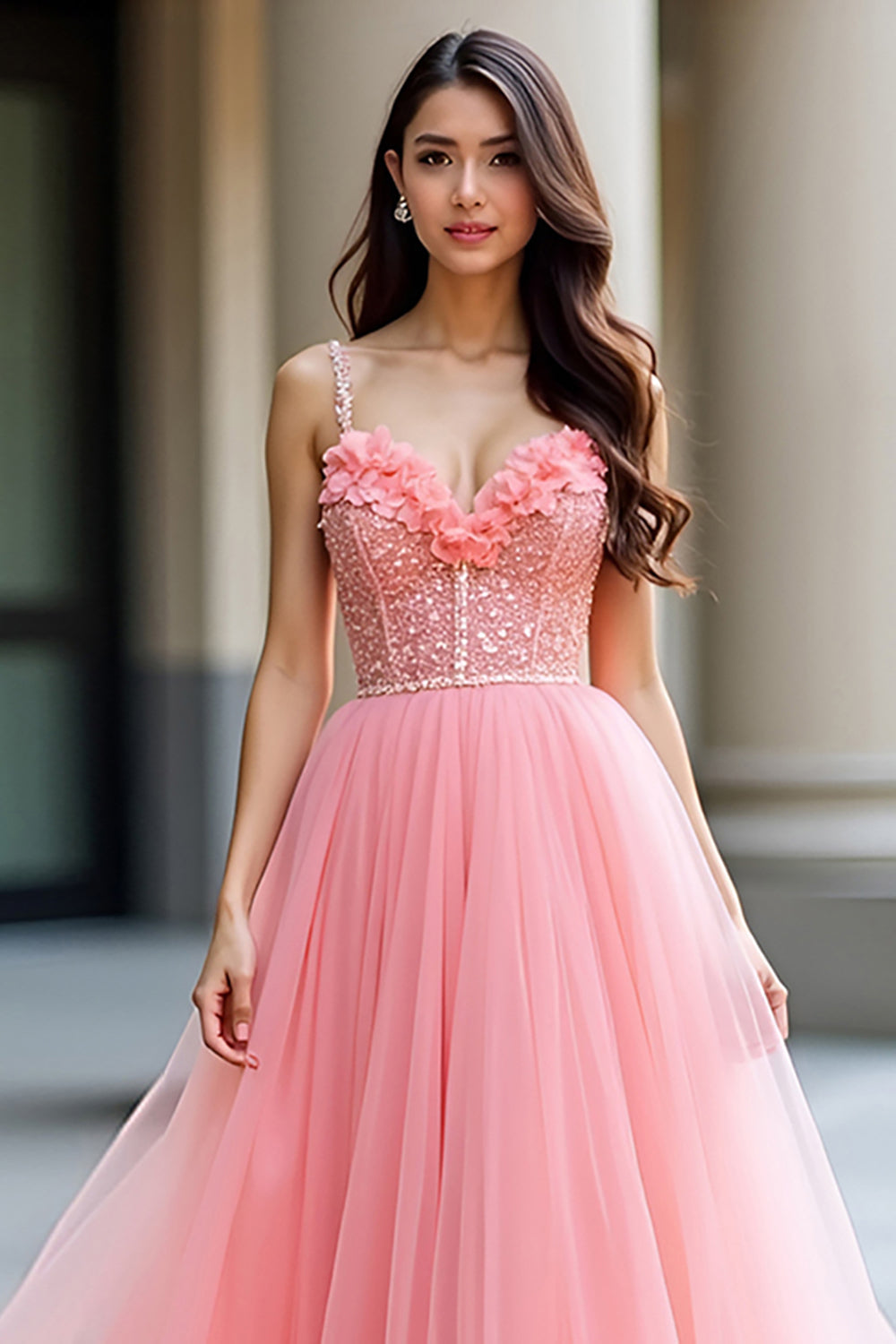 Pink A Line Spaghetti Straps Corset Sequin Prom Dress - Fashionpara