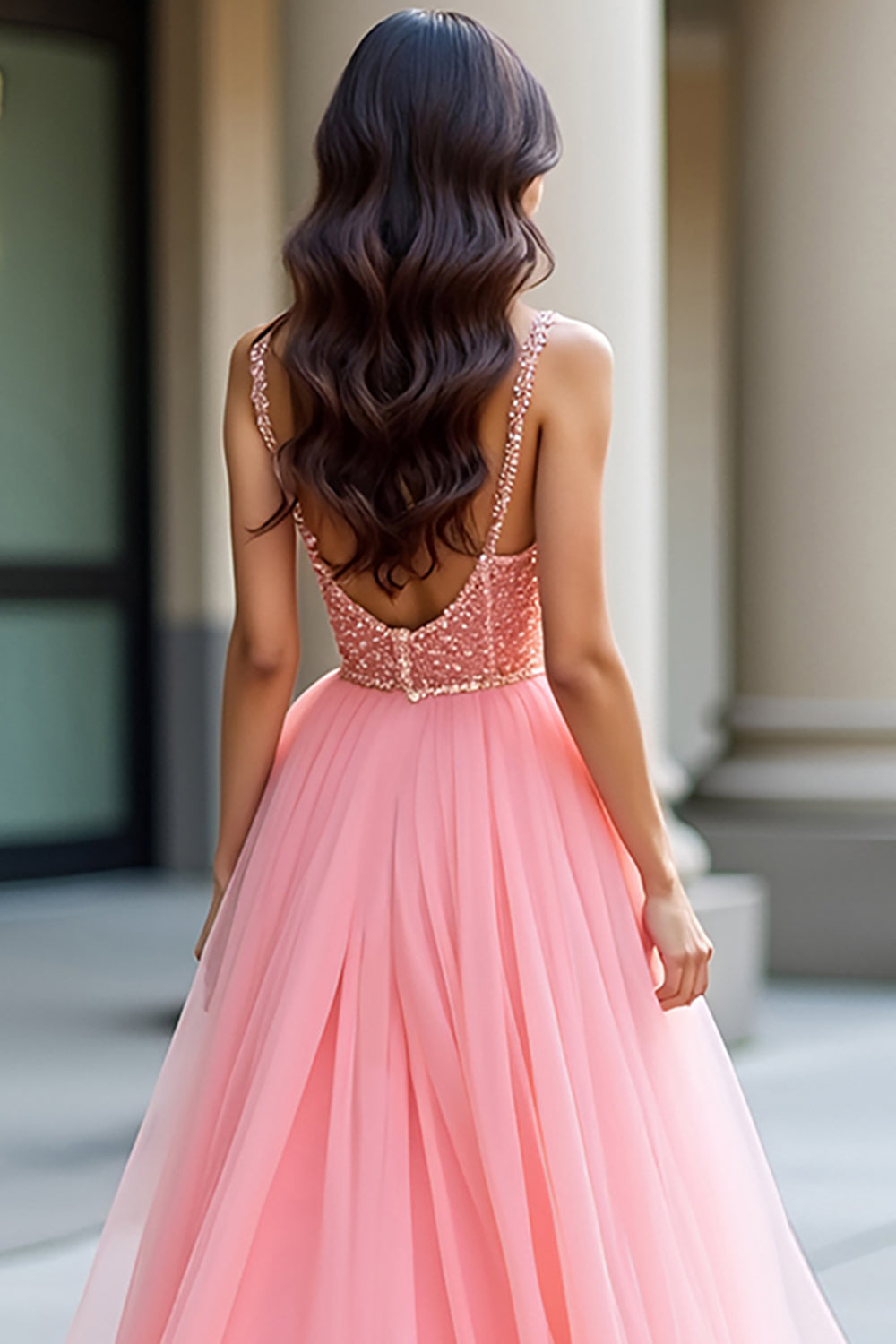 Pink A Line Spaghetti Straps Corset Sequin Prom Dress - Fashionpara