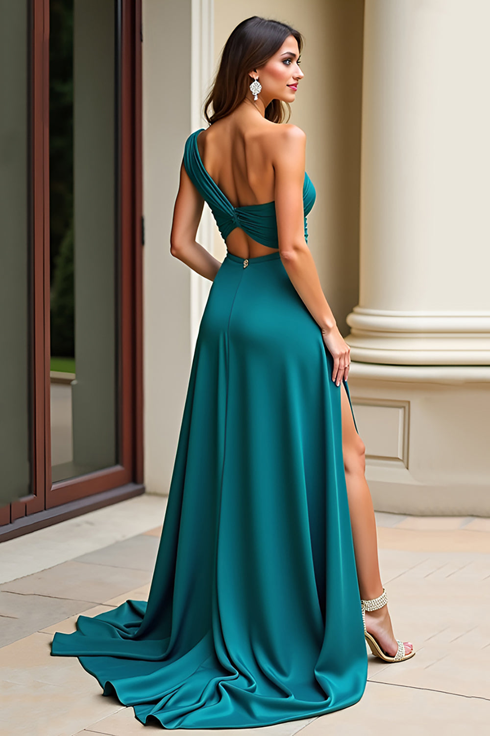 Peacock Green A Line One Shoulder Ruched Long Prom Dress With Slit - Fashionpara