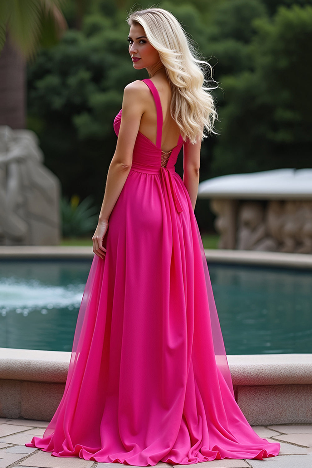 A Line Fuchsia Straps Ruched Long Tulle Prom Dress - Fashionpara