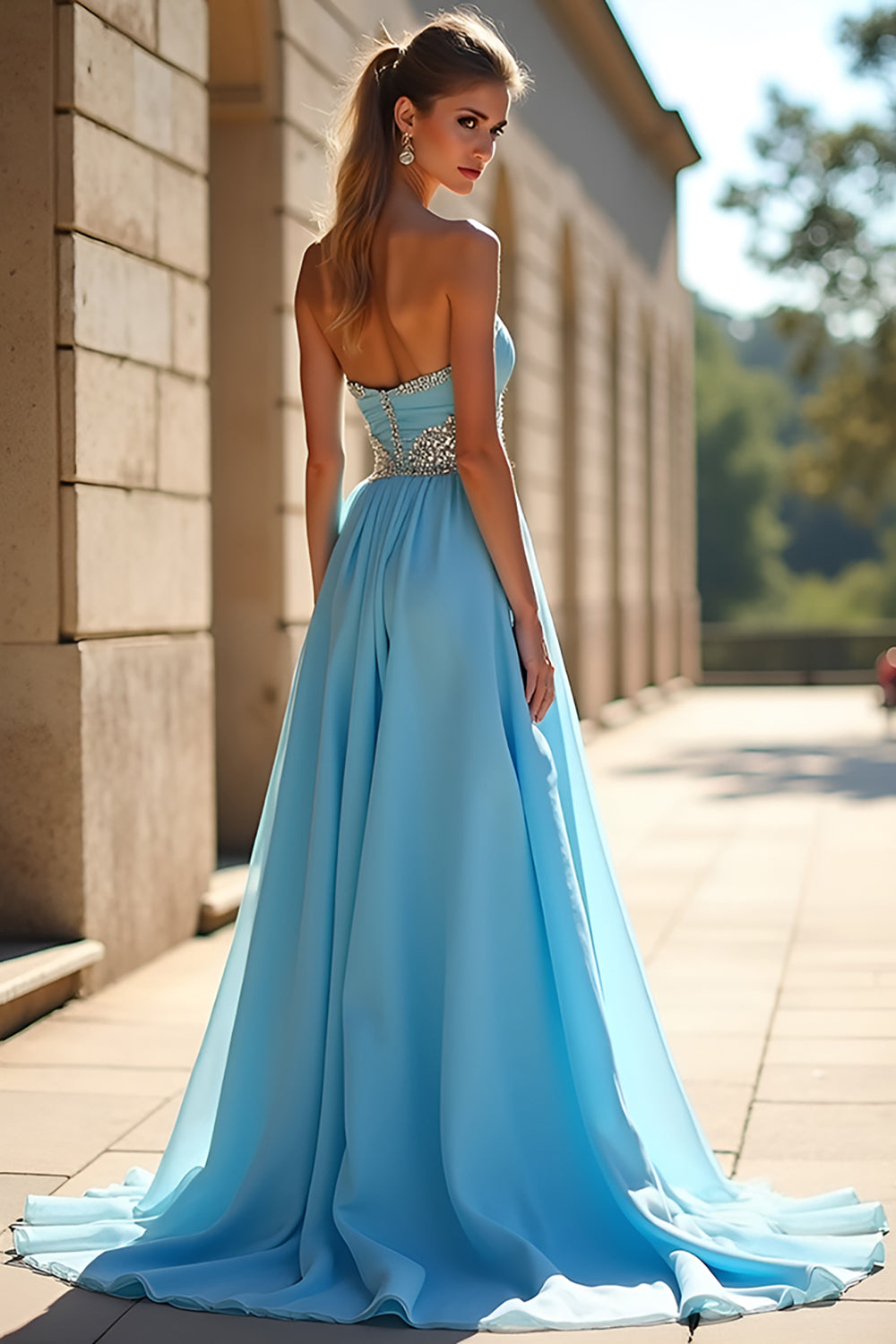 Sparkly Blue A Line Sweetheart Beaded Long Prom Dress With Slit - Fashionpara