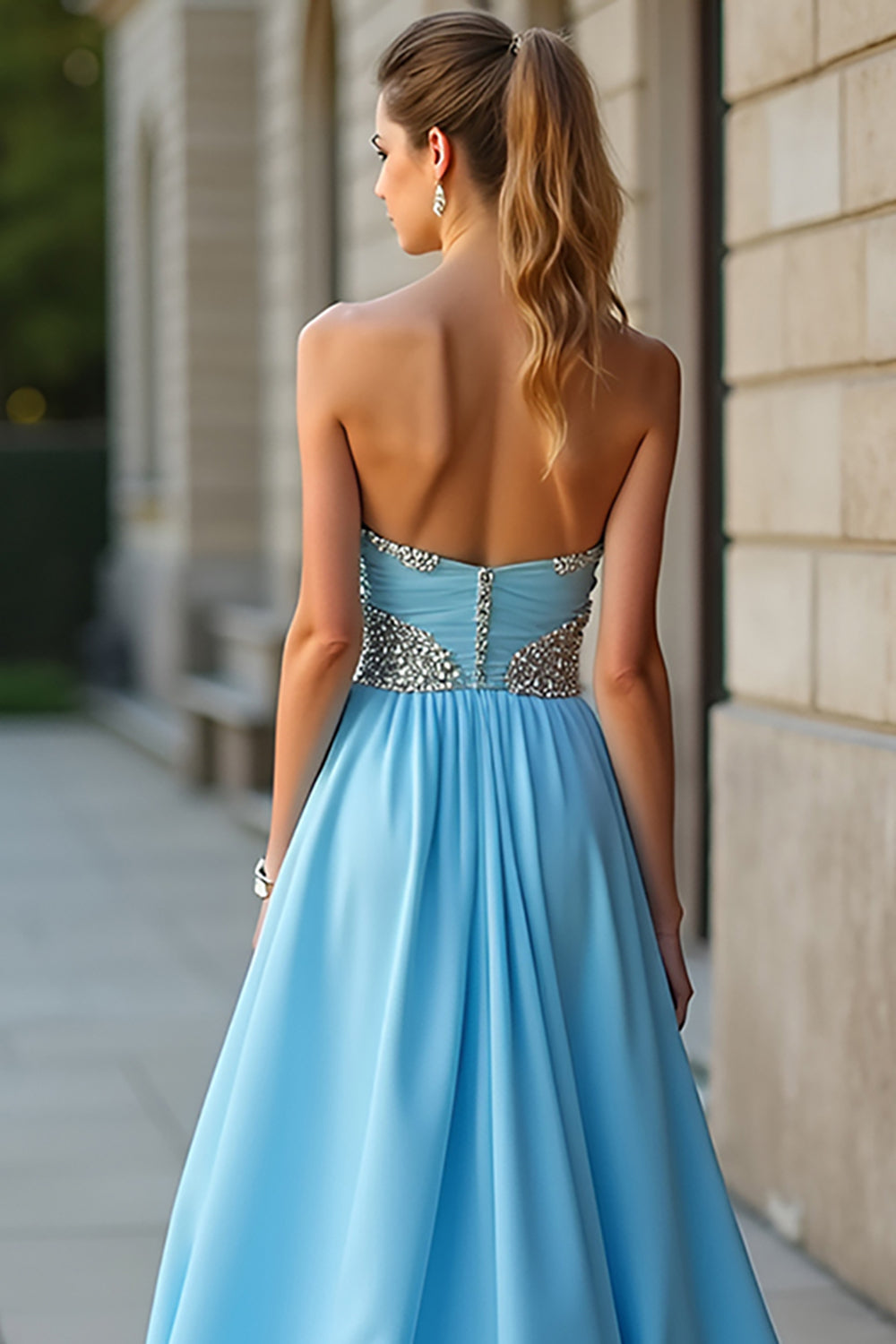 Sparkly Blue A Line Sweetheart Beaded Long Prom Dress With Slit - Fashionpara