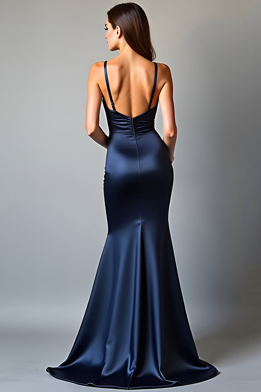 Navy Sheath Spaghetti Straps Long Satin Prom Dress With Slit - Fashionpara