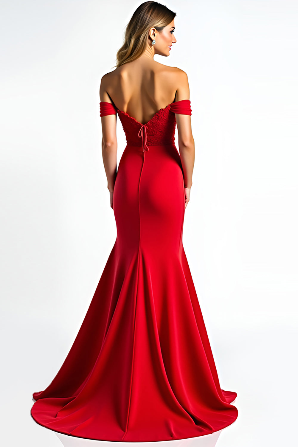 Red Mermaid Off The Shoulder Corset Long Prom Dress With Lace - Fashionpara