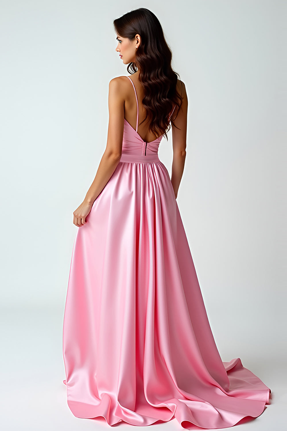 A Line Pink Spaghetti Straps Long Prom Dress With Train - Fashionpara