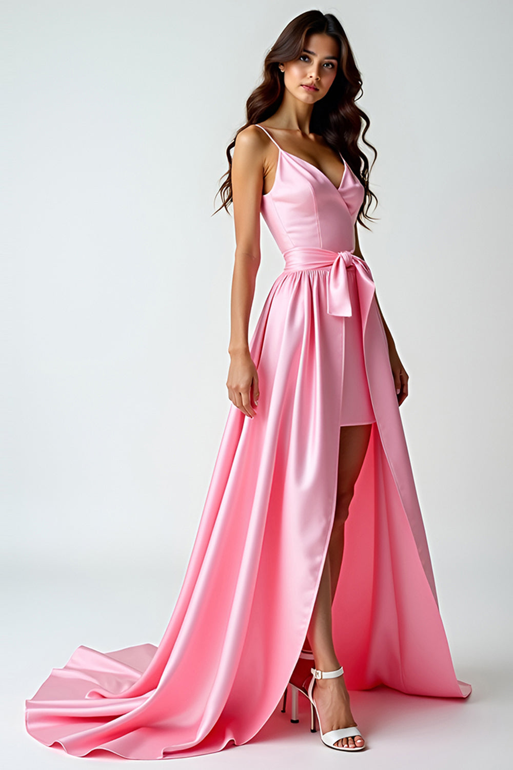 A Line Pink Spaghetti Straps Long Prom Dress With Train - Fashionpara