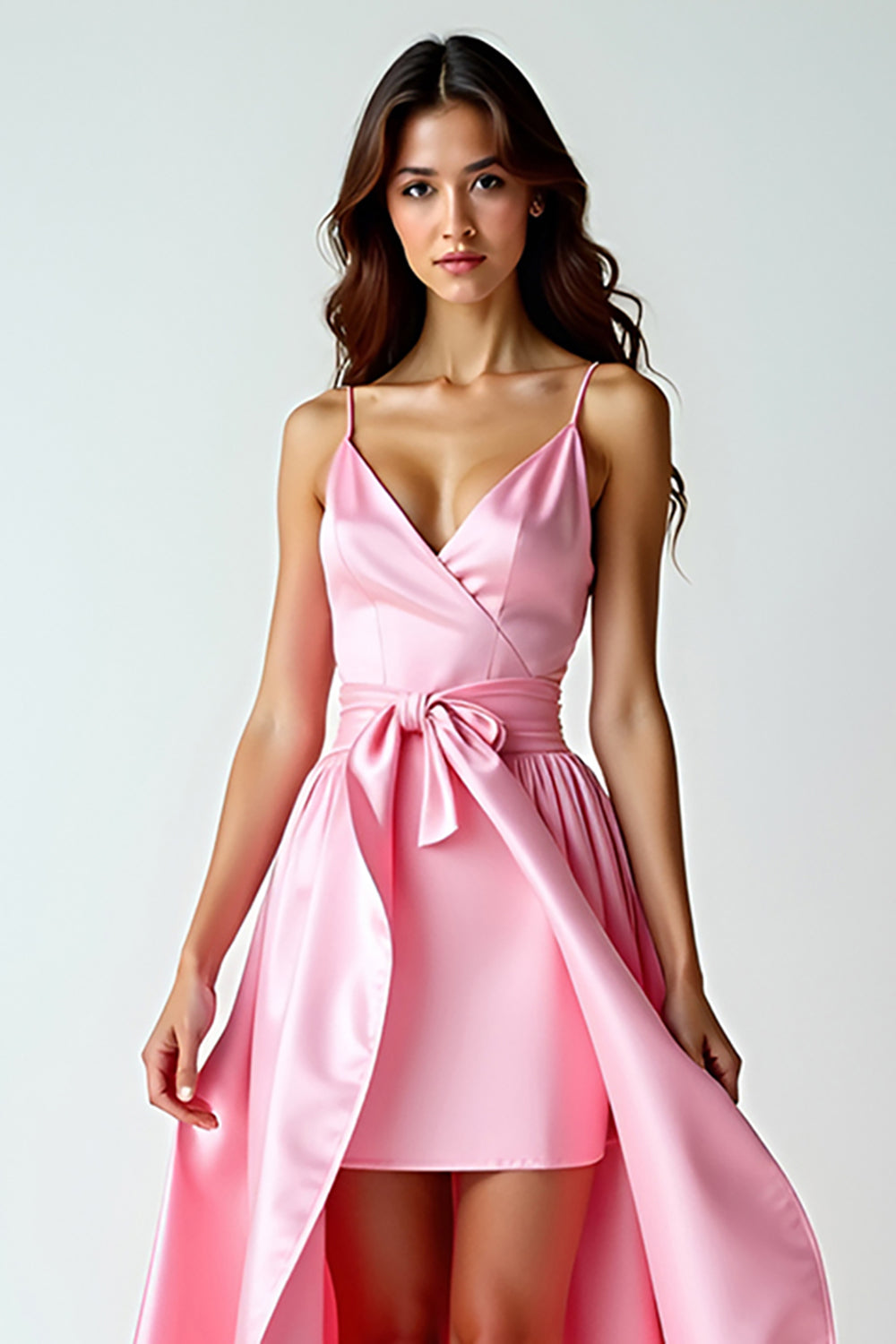 A Line Pink Spaghetti Straps Long Prom Dress With Train - Fashionpara